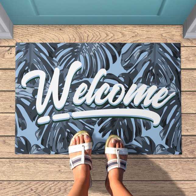 Felpudo Bienvenida a las hojas tropicales de la selva azul (Welcome doormat with blue palm leaves)