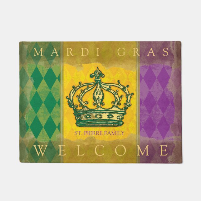 Felpudo Bienvenida a Mardi Gras Crown Purple Gold Family (Anverso)