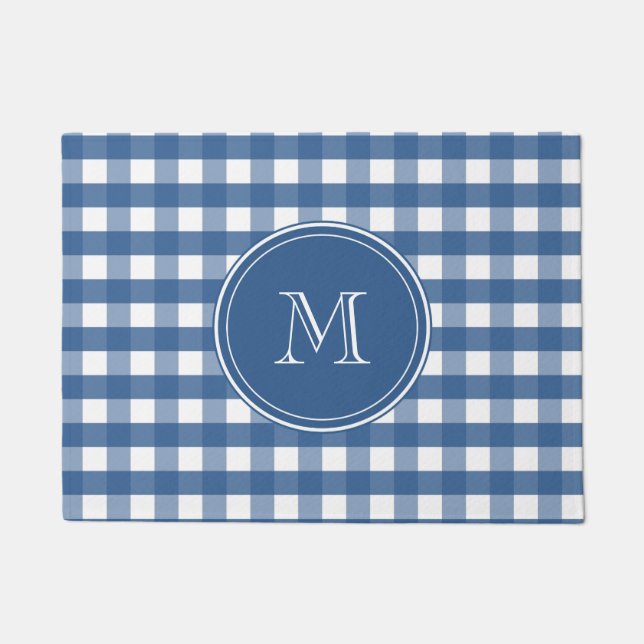 Felpudo Bienvenida a Monograma Oscuro Azul Gingham Plaid (Anverso)