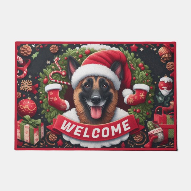 Felpudo Bienvenida a Navidades malineses del perro Santa C (Anverso)