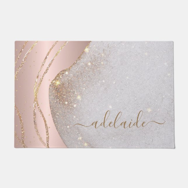Felpudo Bienvenida a Rosa Gold Purpurina Monograma Script  (Anverso)