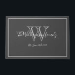 Felpudo Bienvenida a un Boda con guión corto de nombre de<br><div class="desc">Guión De Nombre Moderno Monograma Cute Boda Bienvenido Doormat. Diseño de monograma blanco y gris personalizado con apellido de novia y novio y fecha establecida en un fondo gris. Un regalo genial para los recién casados. Encantador por su nueva vida juntos. Haga clic en personalizar esta plantilla para personalizar rápida...</div>