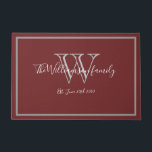Felpudo Bienvenida a un Boda con un nombre de monograma mo<br><div class="desc">Borgoña Moderno Monograma Nombre Cute Boda Bienvenido Doormat. Monograma gris personalizado con apellido de novia y novio y fecha establecida en un fondo de color burdeos. Hace un regalo dulce único para recién casados. Perfecto para su nueva vida juntos. Haga clic en personalizar esta plantilla para personalizar rápida y fácilmente....</div>