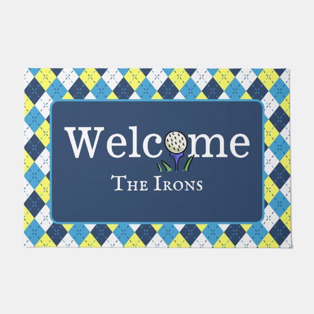 Felpudo Bienvenida al Golf Preppy Blue Yellow Argyle Perso (Anverso)
