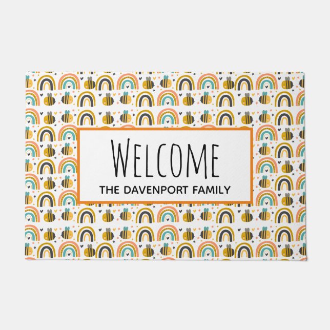 Felpudo Bienvenida al modelo de abejas con burbujas y arco (Anverso)