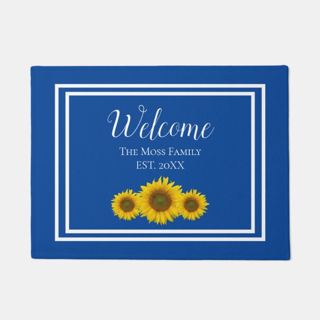 Felpudo Bienvenida al monograma de girasol amarillo ruso (Anverso)