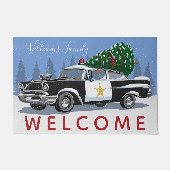 Felpudo Bienvenida al Monograma de navidades de la policía (Anverso)