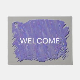 Felpudo Bienvenida artística púrpura y gris para invitados