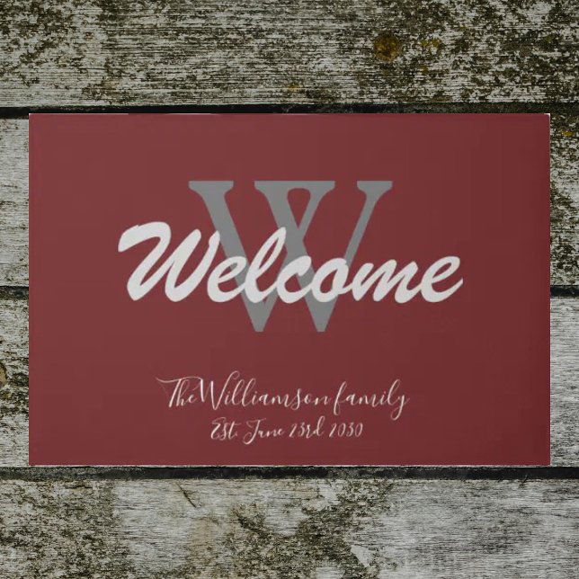 Felpudo Bienvenida Boda al aire libre elegante monograma d (Front door welcome mat. Elegant burgundy monogramed doormat. The perfect wedding/housewarming gift. )