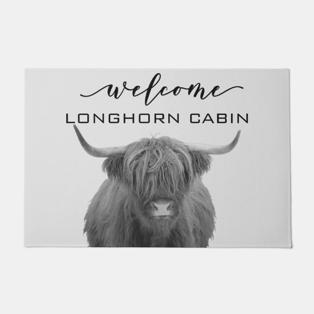Felpudo Bienvenida Cabina Lodge Highland Cow Farmhouse (Anverso)