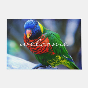 Felpudo Bienvenida colorida foto de pájaro verde rojo azul