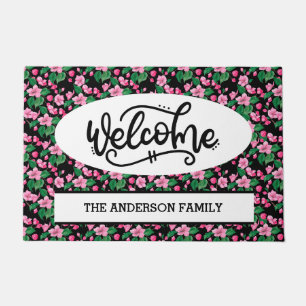Felpudo Bienvenida con flores de cerezo rosa personalizado