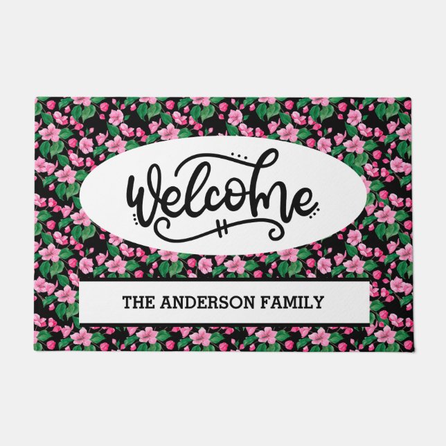 Felpudo Bienvenida con flores de cerezo rosa personalizado (Anverso)