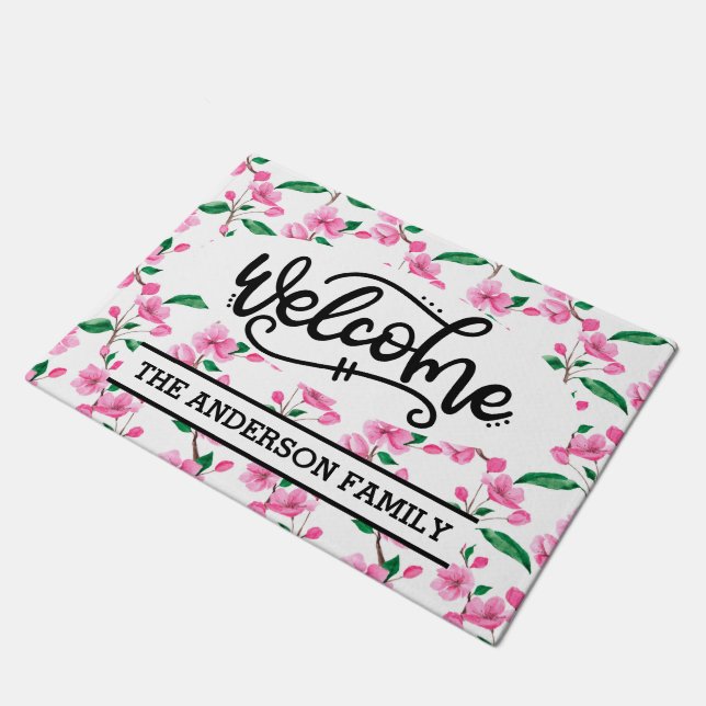 Felpudo Bienvenida con flores de cerezo rosa personalizado (Angular)