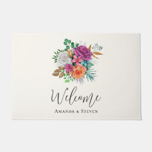 Felpudo Bienvenida con flores rosa, Naranja y rosas blanca