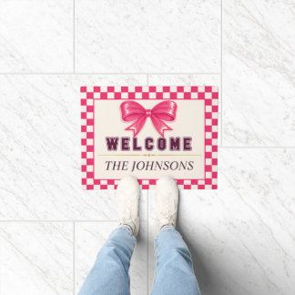 Felpudo Bienvenida Cuadro de Lazo Rosa Preppy