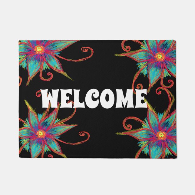 Felpudo Bienvenida de dibujo de flores de Mandala (Anverso)