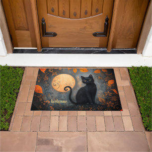 Felpudo Bienvenida de Halloween con un gato negro lleno en
