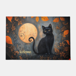 Felpudo Bienvenida de Halloween con un gato negro lleno en