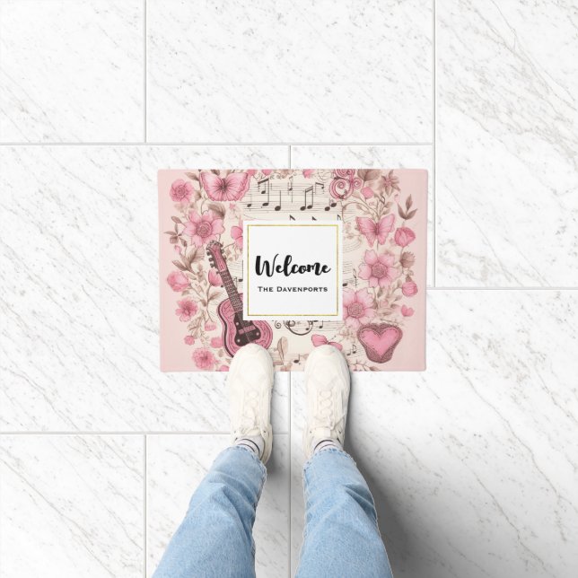 Felpudo Bienvenida de Music Notes y Flowers Retro Style (Interior)