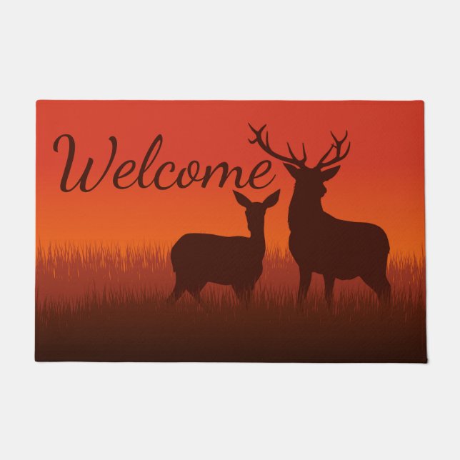 Felpudo Bienvenida Deer Sunset Silhouette Woodland (Anverso)