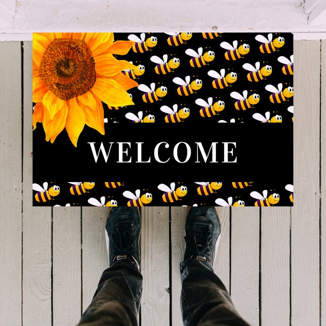 Felpudo Bienvenida del girasol de las abejas negras (Subido por el creador)