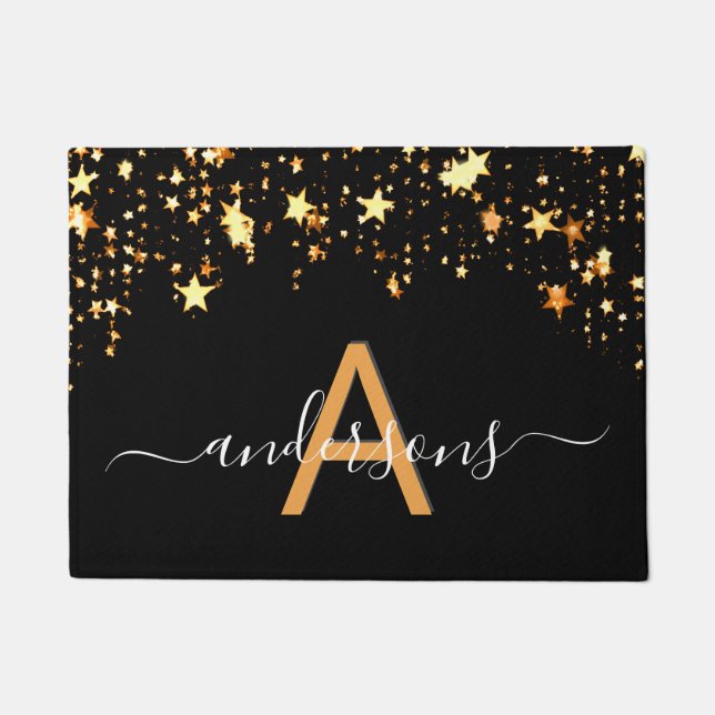 Felpudo Bienvenida estrellas de oro negro goteando monogra (Anverso)
