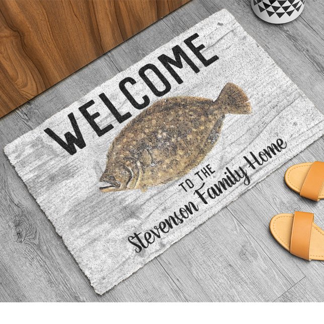 Felpudo Bienvenida Familia Flounder de Pesca Nombre Rústic (Flounder Fishing Welcome Doormat.)