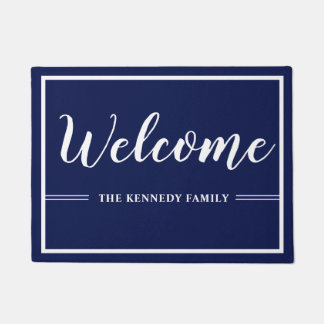 Felpudo Bienvenida familia nombre Moderno Azul y Blanco  