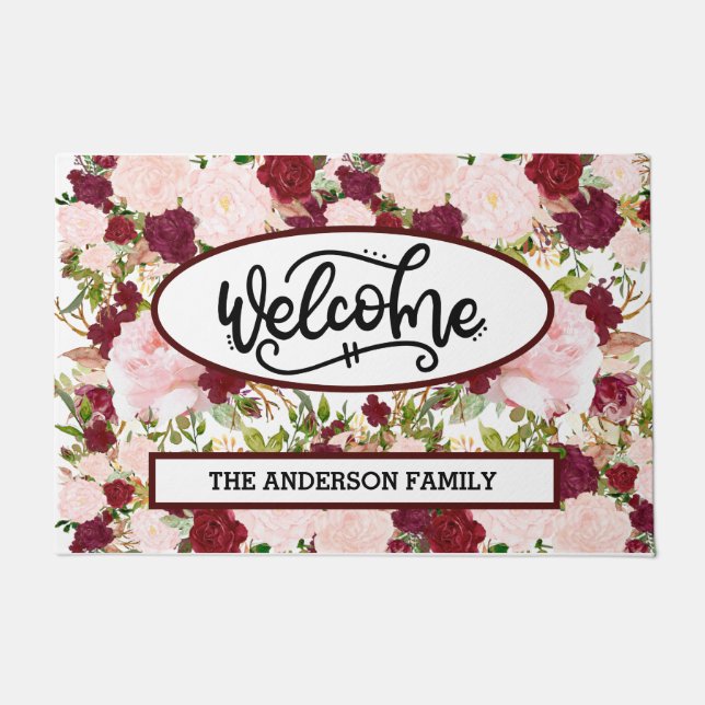 Felpudo Bienvenida Floral Burgundy Personalizada (Anverso)