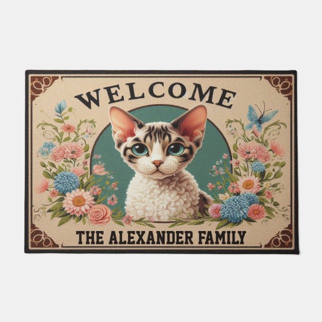 Felpudo Bienvenida floral con estilo Devon Rex Cat (Anverso)