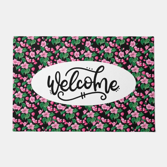 Felpudo Bienvenida Floral de Flor de Cerezo Rosa (Anverso)