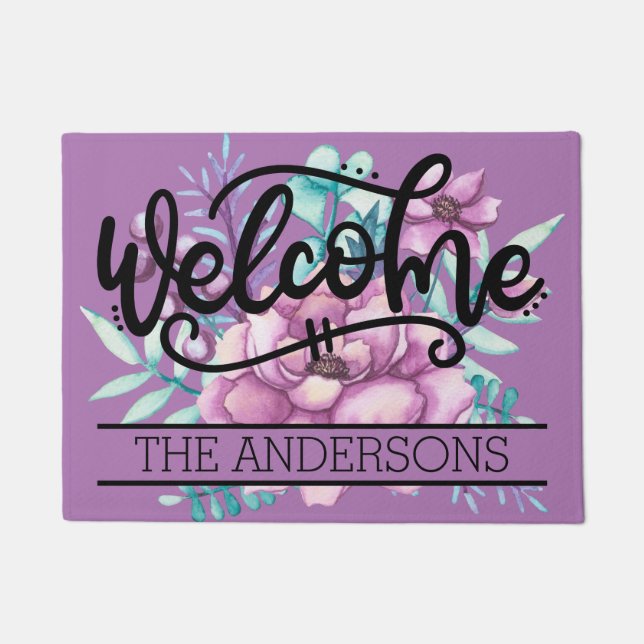 Felpudo Bienvenida Floral de personalizado Purple Peonies (Anverso)