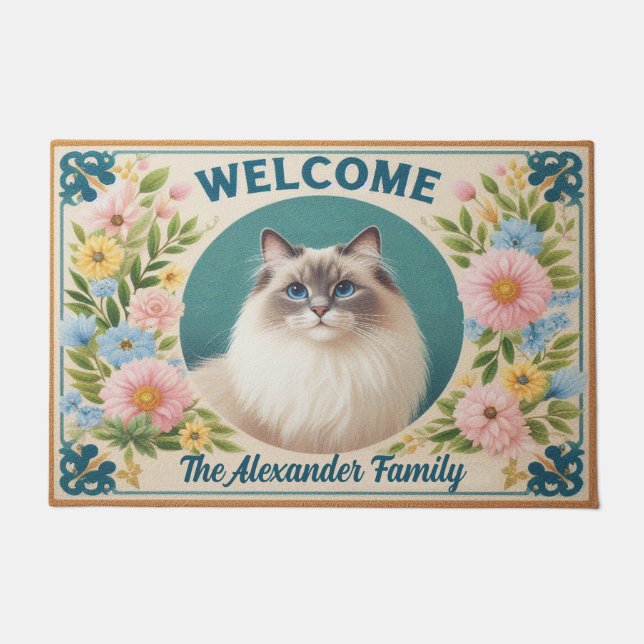 Felpudo Bienvenida Floral de Ragdoll Cat Serenity (Anverso)