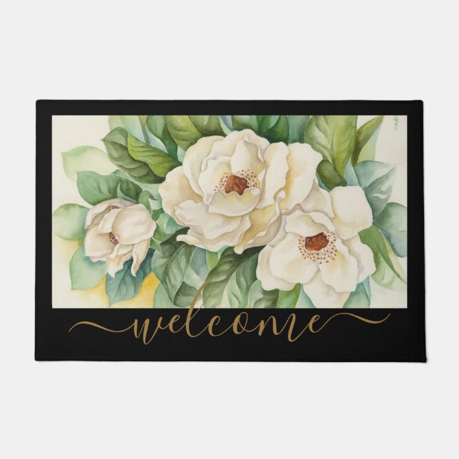 Felpudo Bienvenida Floral Elegante Negro Y Tan Magnolia (Anverso)