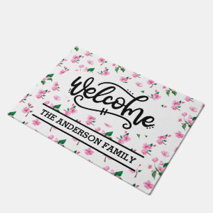 Felpudo Bienvenida floral personalizada de flor de cerezo 