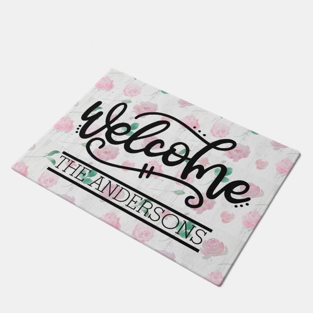 Felpudo Bienvenida Floral Rosa Personalizada (Angular)