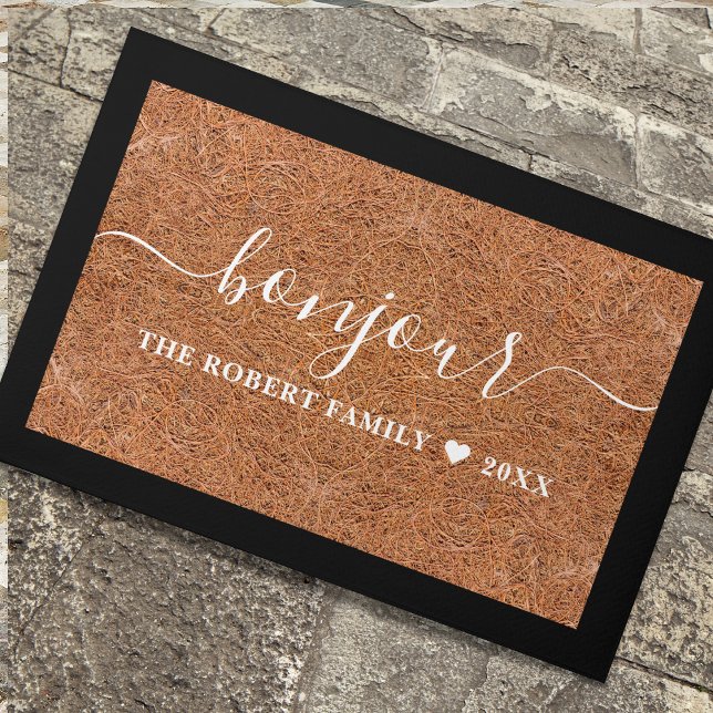 Felpudo Bienvenida francesa a Bonjour (French Hello Goodbye entrance door mats personalized with family name.)