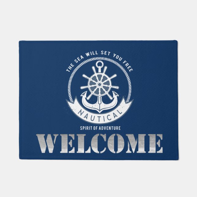 Felpudo Bienvenida Nautical Spirit Anchor, Wheel, Navy Blu (Anverso)