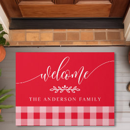 Felpudo Bienvenida personalizada a cuadros de búfalo rojos