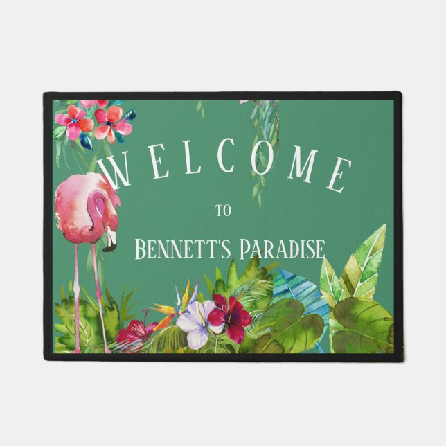 Felpudo Bienvenida Personalizada Al Paraíso De Flamingo (Anverso)