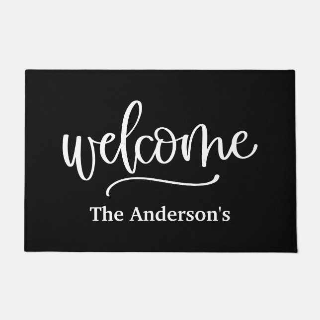 Felpudo Bienvenida Personalizada Negra Blanca Script (Anverso)