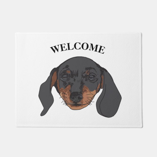 Felpudo Bienvenida, personalizado de arte de perro dachshu (Anverso)