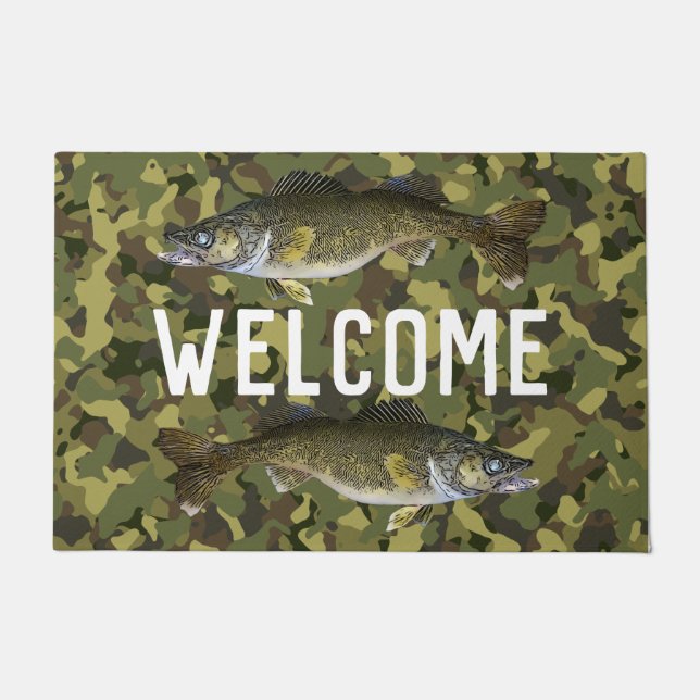 Felpudo Bienvenida Pesca Walleye Pescado Camo Hogar (Anverso)