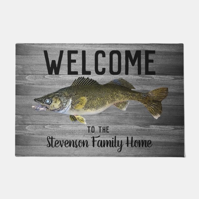 Felpudo Bienvenida Pescado Walleye Familia Nombre Hogar Al (Anverso)
