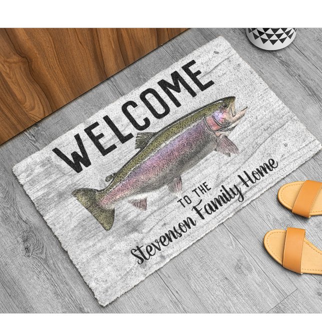 Felpudo Bienvenida Pescador Trucha Familia Nombre Casa Cab (Rainbow Trout Fishing Family Welcome Doormat)