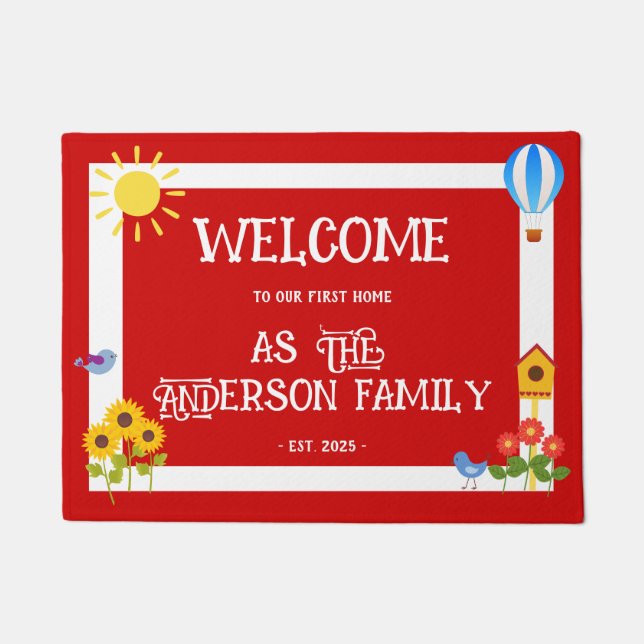 Felpudo Bienvenida Primera Casa Tipografía Girasol Rojo Bl (Anverso)