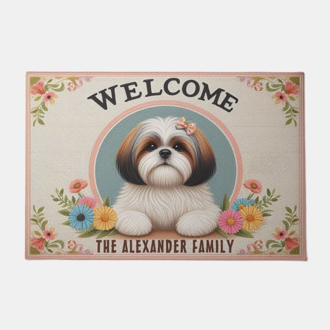 Felpudo Bienvenida Shih Tzu Dog Floral Decorativo Nombre d (Anverso)