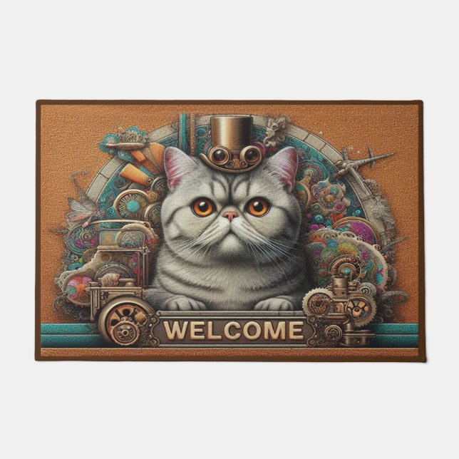 Felpudo Bienvenida surrealista al gato Steampunk exótico d (Anverso)