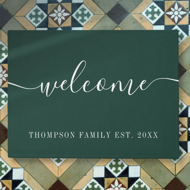 Felpudo Bienvenida verde esmeralda con nombre familiar per (Personalized Family Name Emerald Green Welcome Doormat)